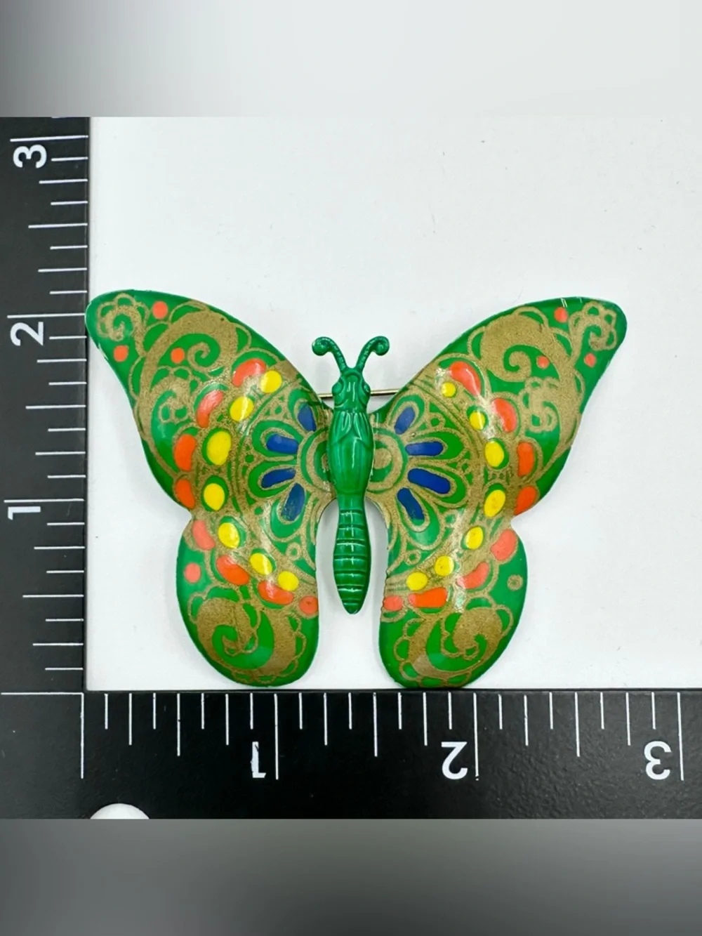 West Germany Signed Vintage 60s Hand Painted Metal Butterfly Brooch